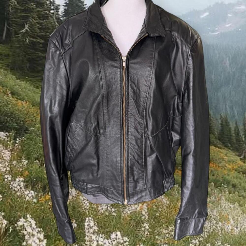 Black leather bomber jacket with